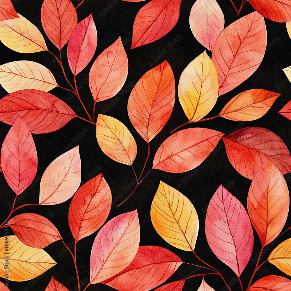 Obraz premium seamless background concept. A vibrant pattern of autumn leaves in shades of red, orange, and yellow set against a dark background, creating a visually striking contrast.