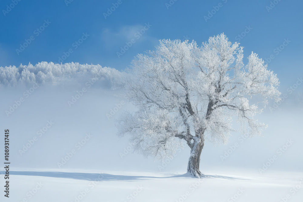 A solitary tree adorned with snow stands in a serene winter landscape, against a backdrop of clear blue skies and distant frosted hills. A solitary tree adorned with snow stands in a serene winter landscape, against a backdrop of clear blue skies and distant frosted hills.