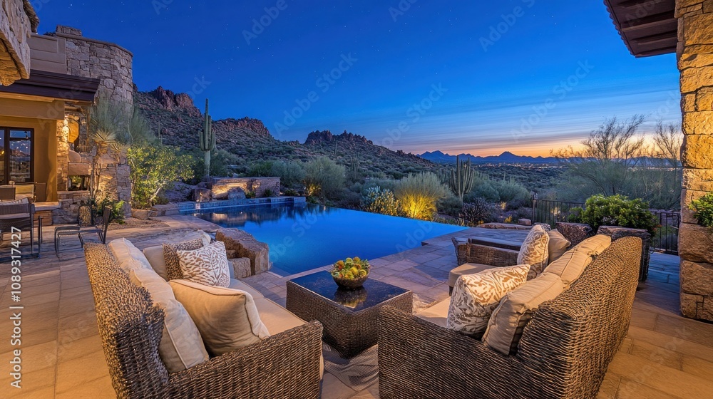 Fototapeta premium A serene outdoor lounge area by a pool at twilight, surrounded by desert mountains.
