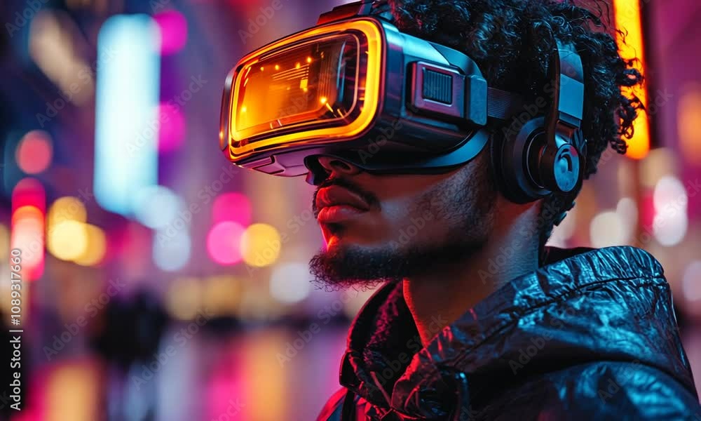 A person wearing futuristic VR goggles in a neon-lit urban setting. A person wearing futuristic VR goggles in a neon-lit urban setting.