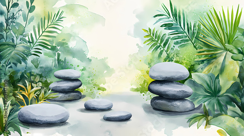 Serene zen garden with balanced stones among lush greenery in tranquil natural setting, minimal watercolor illustration. Tranquil Zen Garden. Illustration photo