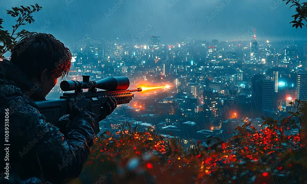 A sniper aiming at a vibrant cityscape under rainy conditions. A sniper aiming at a vibrant cityscape under rainy conditions.
