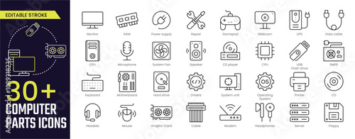 Computer parts Stroke icon collections. Containing Monitor, CPU, Keyboard, Mouse, Graphic Card, System Fan, Repair, UPS, Data cable, and SMPS icons. Editable Stroke icon collection Outline icon