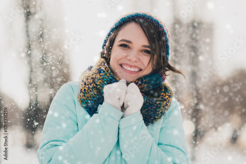 Photo of pretty cute young sweet woman wear scarf hat snow day winter weather in park outdoors outside #1089318259