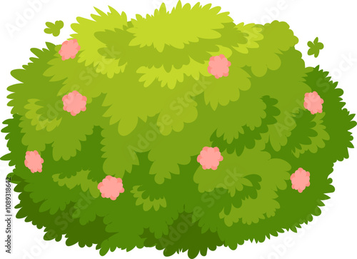 Lush green bush with pink flowers blooming represents nature, growth, and beauty, creating a vibrant and lively scene against a clean white backdrop