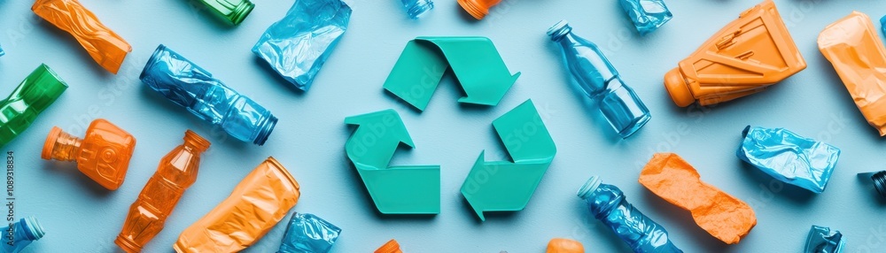 A colorful array of crumpled plastic bottles and a green recycling symbol on a blue background, emphasizing plastic waste and recycling. A colorful array of crumpled plastic bottles and a green recycling symbol on a blue background, emphasizing plastic waste and recycling.