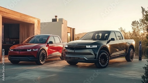 Two electric pickup trucks are parked outside a modern house with a wooden garage door. The truck on the left is red, while the truck on the right is black. photo