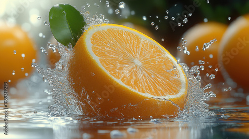 orange being splashed with water after a water splash