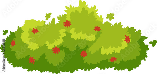 Lush green bush with vibrant red flowers adds a touch of beauty to a serene garden setting, creating a peaceful and inviting atmosphere