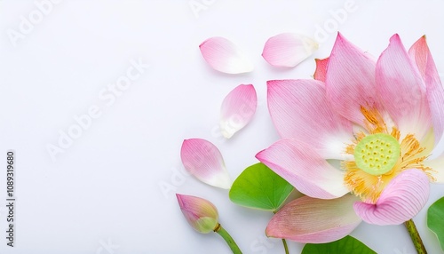 Closeup of Blooming Lotus Flowers and Petals Isolated on White Background. Top View of Flower with Empty Space.