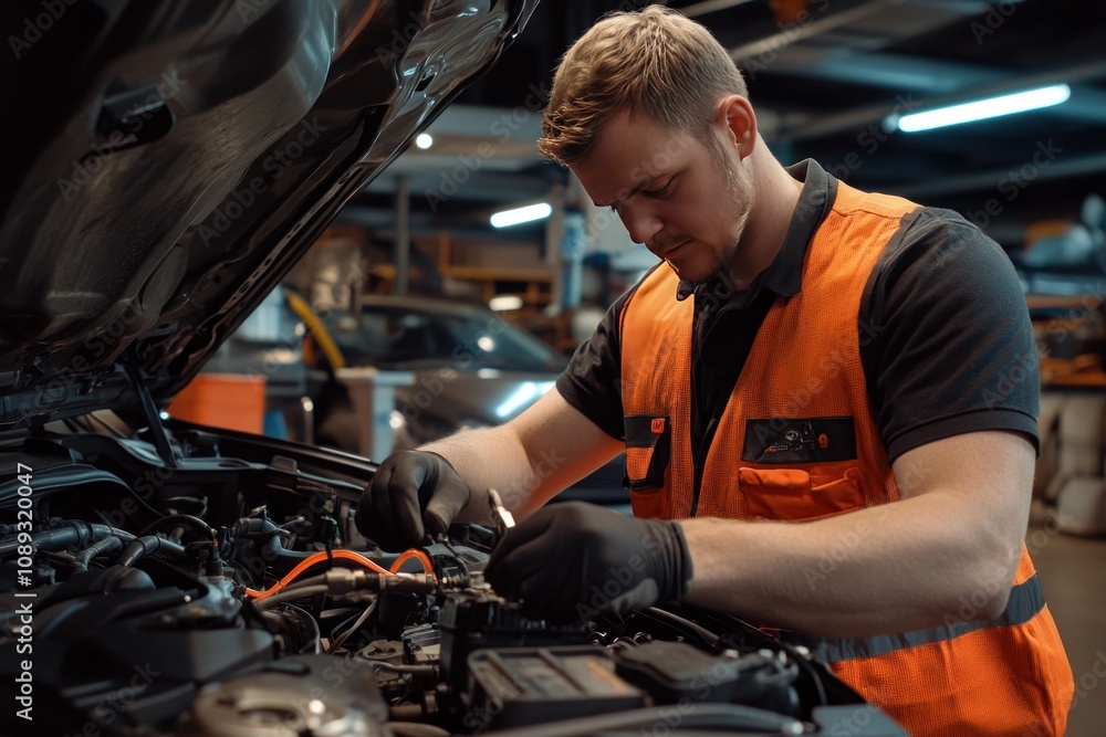 Mechanic Working on Car Engine