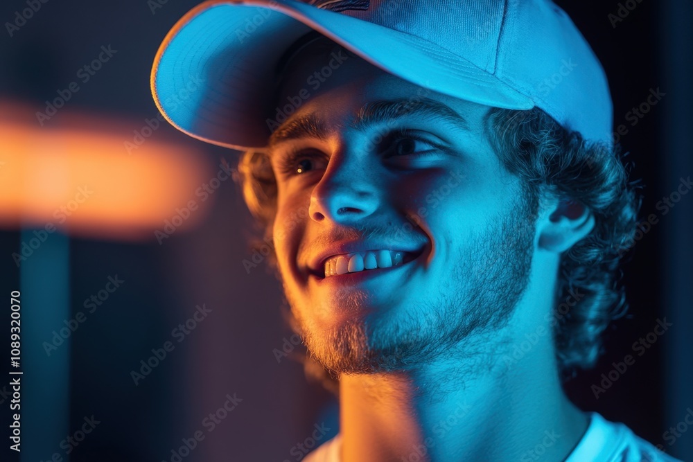 smiling young man with stylish hat in dramatic lighting smiling young man with stylish hat in dramatic lighting