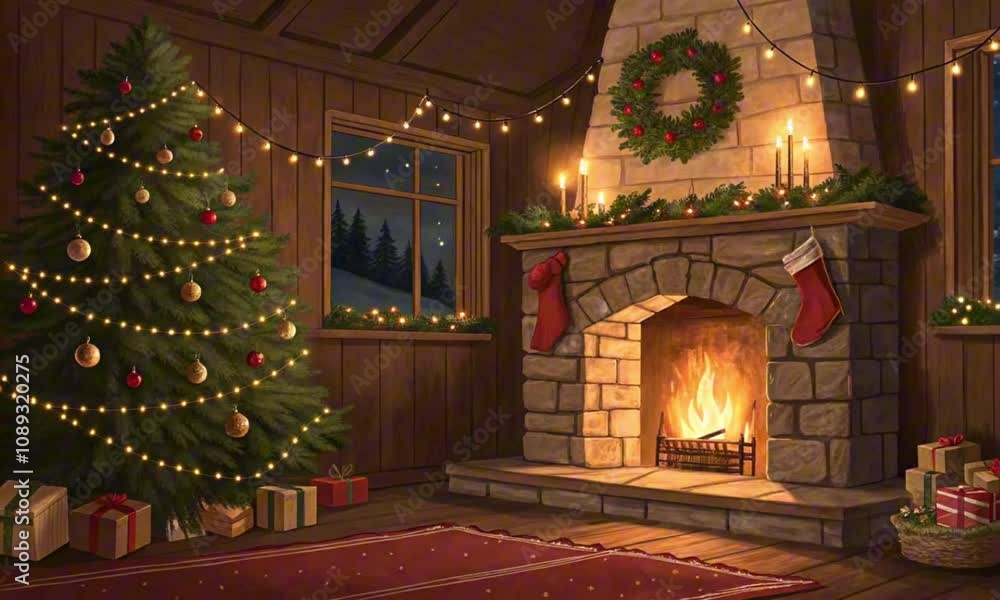 Cozy Christmas interior with a decorated tree, fireplace, and festive decorations Cozy Christmas interior with a decorated tree, fireplace, and festive decorations