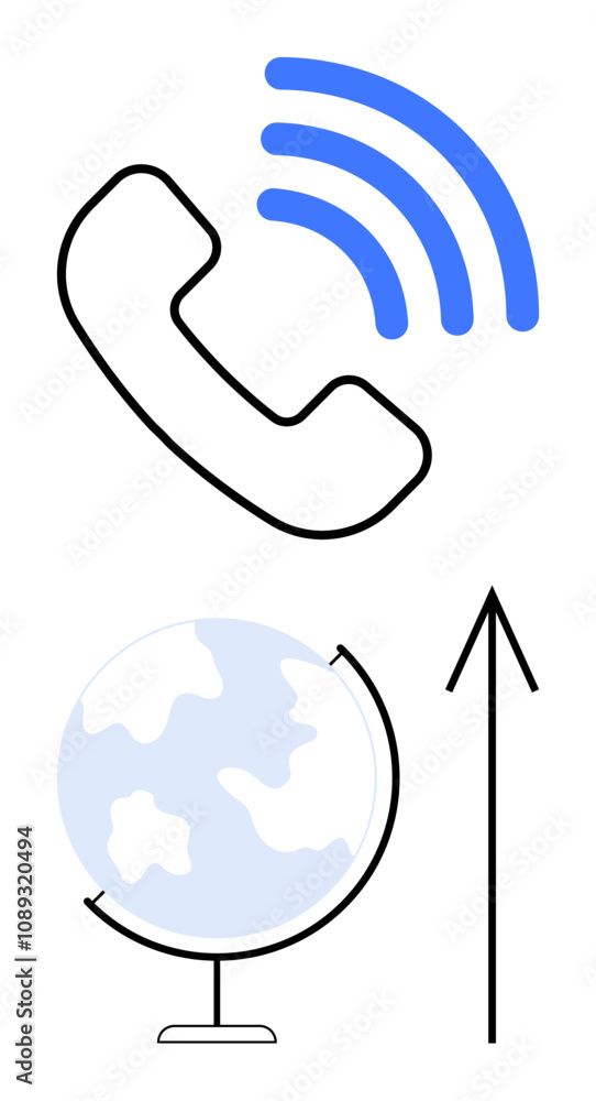 Phone receiver with wireless signal, globe with arrow indicating direction. Ideal for connectivity, communication, global interactions, travel, technology, networking user interface elements. Line Phone receiver with wireless signal, globe with arrow indicating direction. Ideal for connectivity, communication, global interactions, travel, technology, networking user interface elements. Line