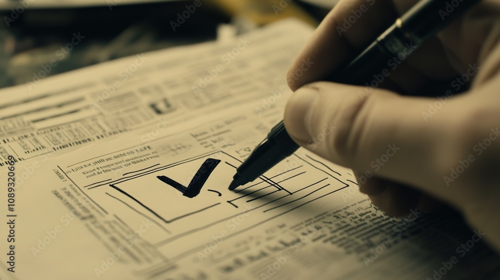 Naklejka premium hand holding an ink pen, coloring in the check mark on paper with a black marker.