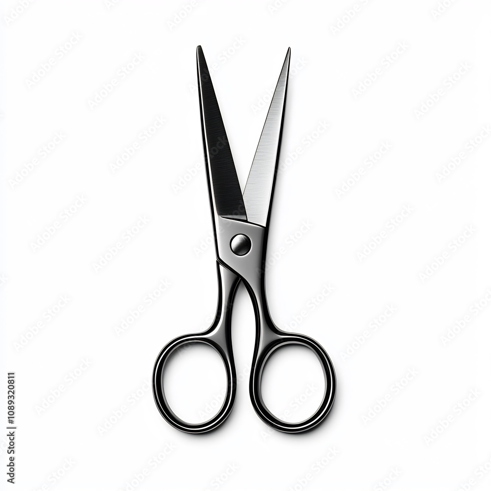 Front view shot of a pair of sleek silver metal scissors isolated against a clean white background The scissors are open showcasing their sharp precision blades and elegant minimalist design Front view shot of a pair of sleek silver metal scissors isolated against a clean white background The scissors are open showcasing their sharp precision blades and elegant minimalist design