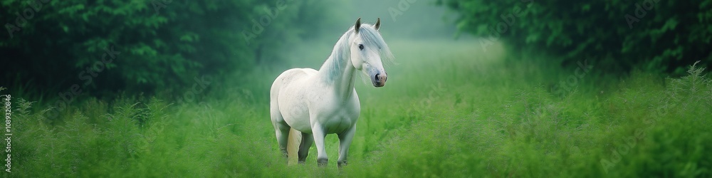 A white horse is standing in a lush green field. The horse is looking to the right. Concept of freedom and tranquility, as the horse is in a natural setting with plenty of space to roam and explore A white horse is standing in a lush green field. The horse is looking to the right. Concept of freedom and tranquility, as the horse is in a natural setting with plenty of space to roam and explore