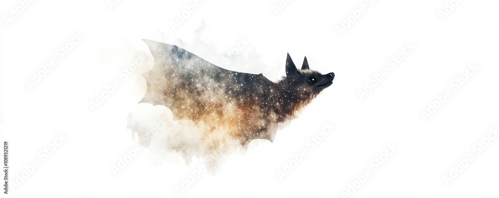 Obraz premium A bat flying through the night sky close up, focus on, copy space Double exposure silhouette with bat and starry night sky