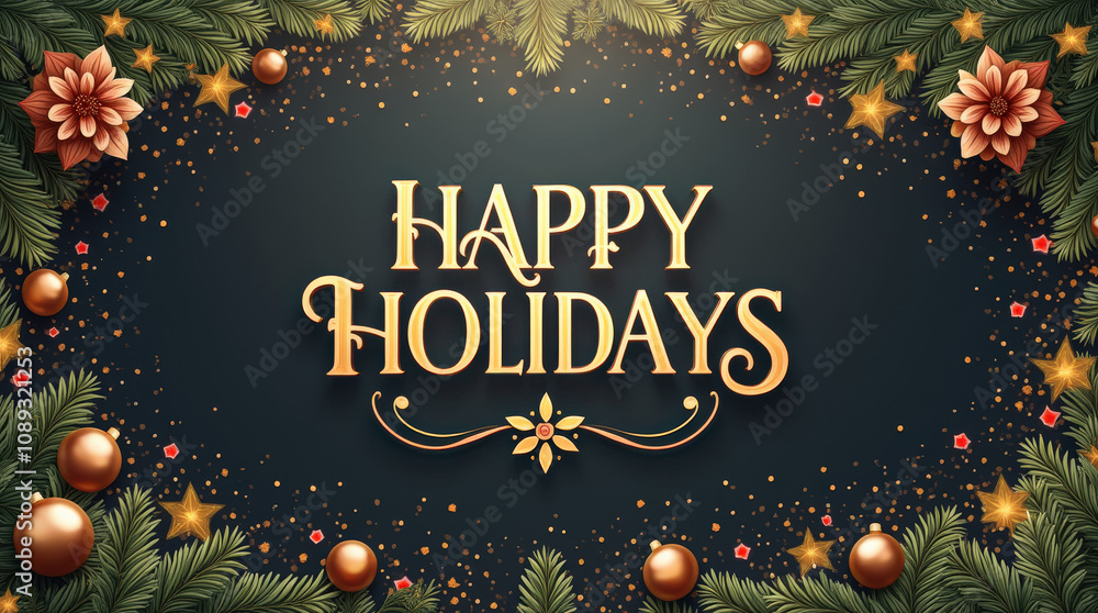 Fototapeta premium Elegant Merry Christmas and Happy Holidays Image with Christmas Trees, Festive Decorations, and Seasonal Greetings - Perfect for Cards and Winter Celebrations