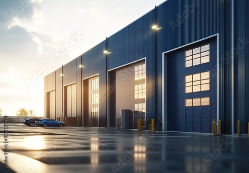 A modern warehouse exterior with blue metal cladding and large garage doors 