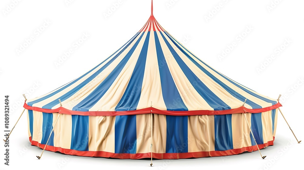 A colorful circus tent with blue and cream stripes, designed for entertainment and performances. A colorful circus tent with blue and cream stripes, designed for entertainment and performances.