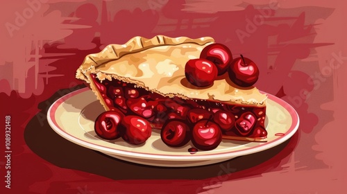 watercolor illustration, vintage postcard, National Pie day, mouth-watering piece of cherry pie on a white plate, bright red background