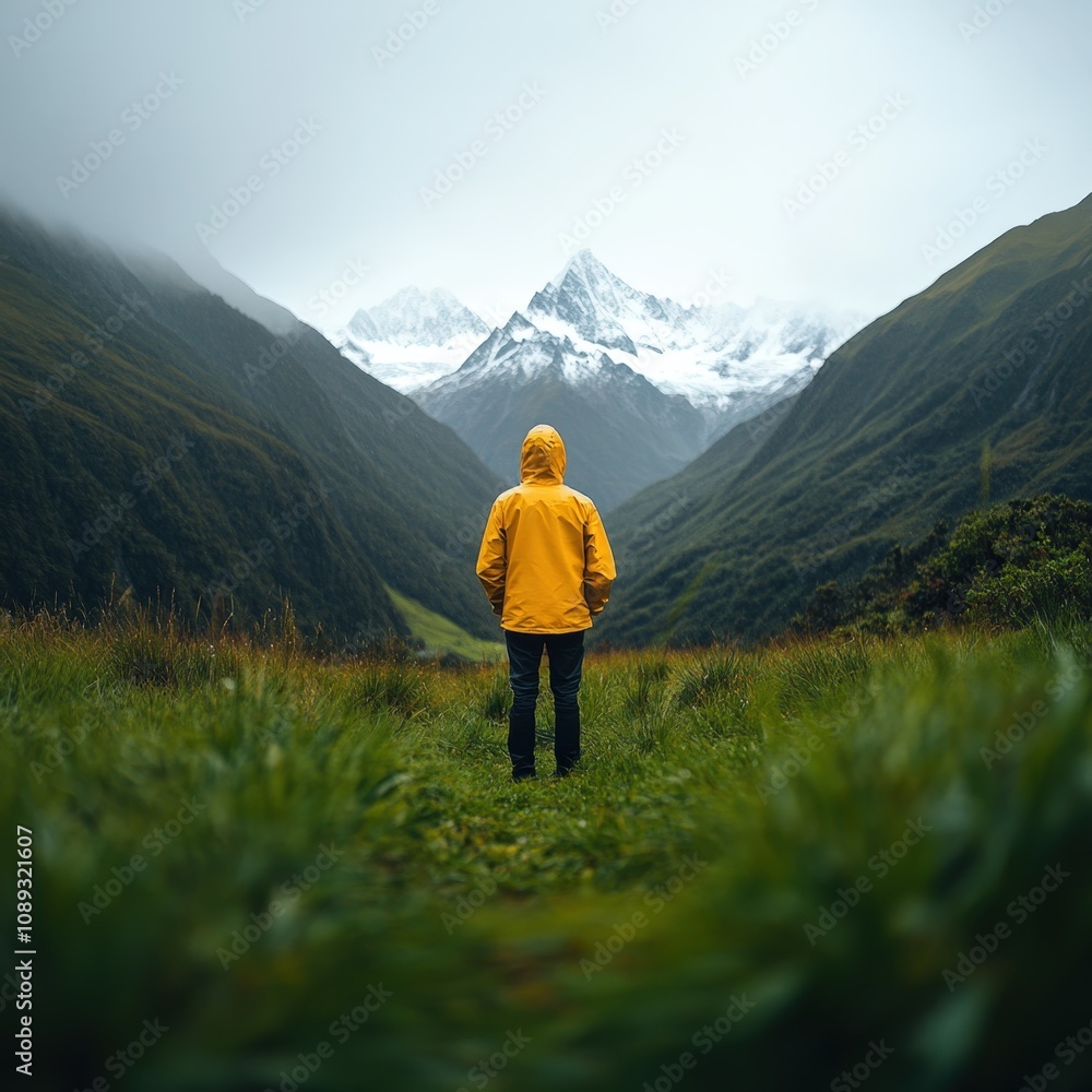 person in yellow jacket standing in a valley surrounded by mountains and mist person in yellow jacket standing in a valley surrounded by mountains and mist