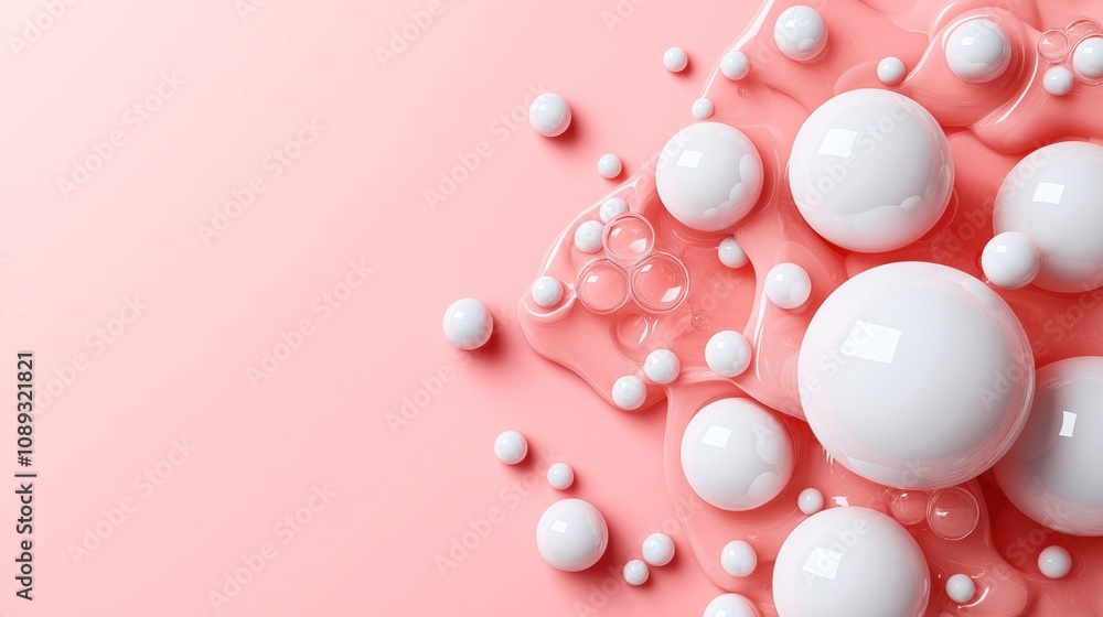 Abstract background of white glossy spheres on a smooth pastel pink surface with various sizes and reflections Abstract background of white glossy spheres on a smooth pastel pink surface with various sizes and reflections