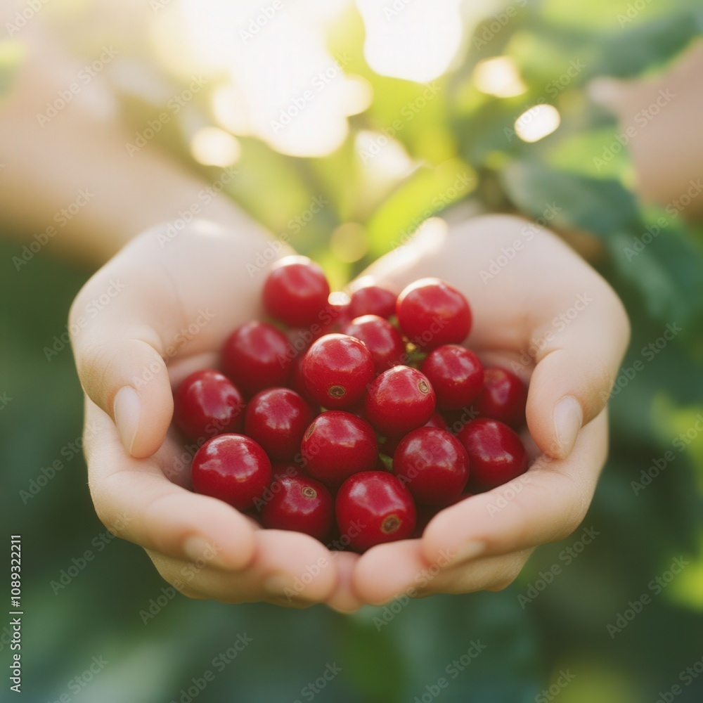 freshly picked cherries held in hands with green foliage in the background freshly picked cherries held in hands with green foliage in the background