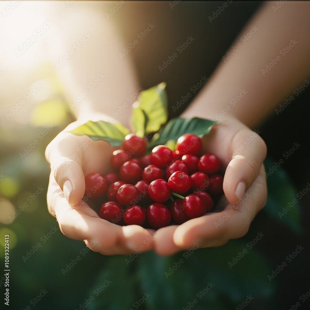 freshly harvested berries in hands with sunlight freshly harvested berries in hands with sunlight