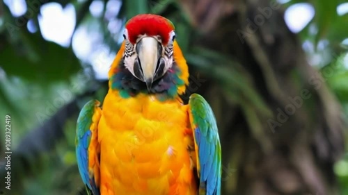 Wallpaper Mural A colorful parrot is perched on a tree branch. The bird is yellow and blue with a red beak Torontodigital.ca