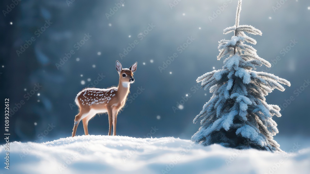 A young deer stands in a snowy forest with a pine tree in the background. The deer is looking to the right with a soft glow of light behind it. A young deer stands in a snowy forest with a pine tree in the background. The deer is looking to the right with a soft glow of light behind it.
