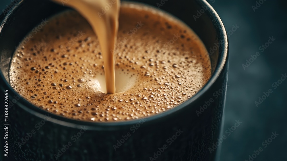 Pouring milk into freshly brewed coffee in a dark ceramic cup Pouring milk into freshly brewed coffee in a dark ceramic cup