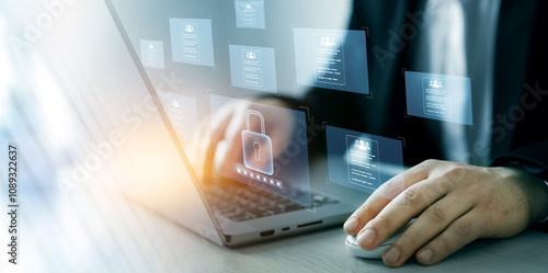 Documents law regulation and compliance rules.Software for security personal data. Documents confidentiality,cyber security protection concept.Confidentiality documents and employee compliance rules.