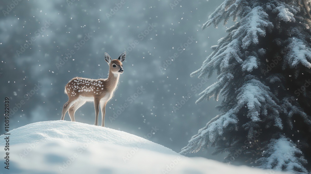 A small deer atop a snow-covered ground, nearby stands a pine tree likewise cloaked in snow A small deer atop a snow-covered ground, nearby stands a pine tree likewise cloaked in snow