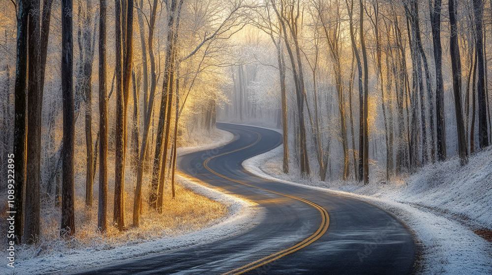 Obraz premium Winding Winter Road with Frost Covered Trees