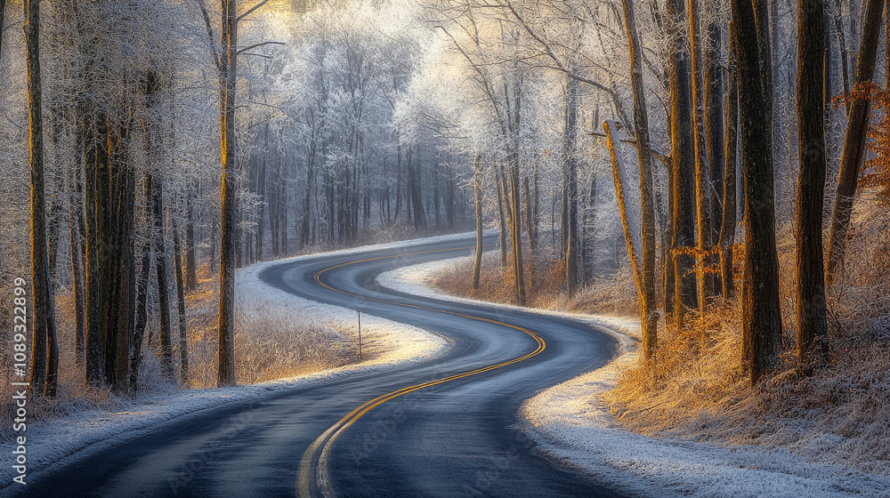 Obraz premium Snowy Curving Road Through Frosty Forest