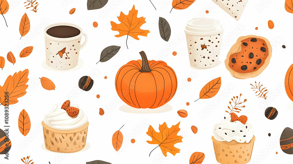 Autumn harvest seamless pattern with coffee, pumpkin, cupcakes, leaves, and cookies. Autumn harvest seamless pattern with coffee, pumpkin, cupcakes, leaves, and cookies.