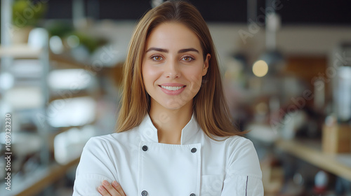 smiling female chef stands confidently in modern kitchen  wearing white chef coat. background features blurred kitchen elements  creating professional and inviting atmosphere