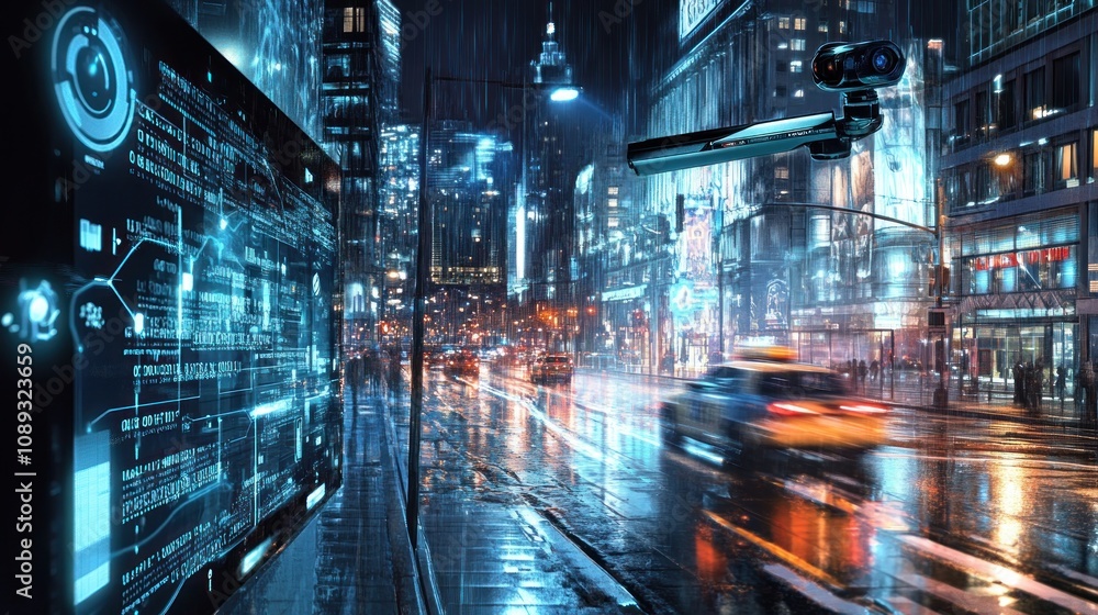 Cyberpunk Cityscape with Surveillance Technology Cyberpunk Cityscape with Surveillance Technology