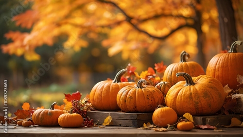 A rustic wooden table displays a bountiful harvest of pumpkins in various shapes and sizes. The warm autumn light and colorful leaves create a festive atmosphere. Perfect for fall-themed designs 