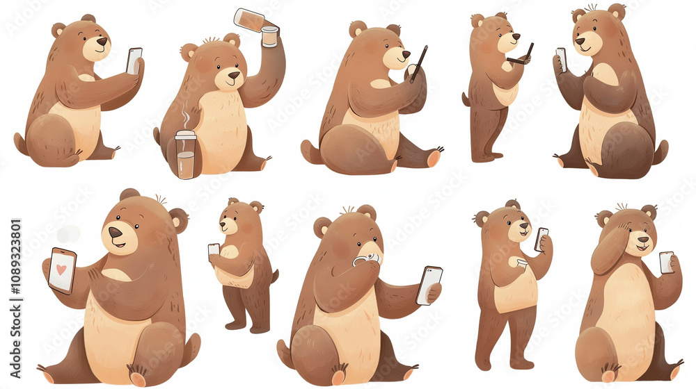 Fototapeta premium Cute stickers depicting bears with different poses and facial expressions, for example, playing with mobile phones or drinking coffee, cute dressed on a white background.