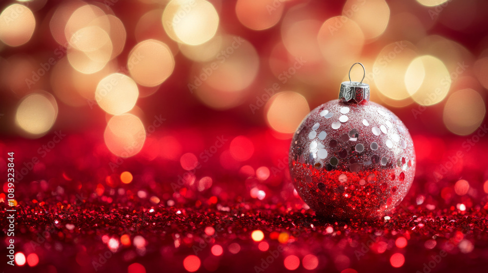 Sparkling red ornament shining on glittering festive background Sparkling red ornament shining on glittering festive background