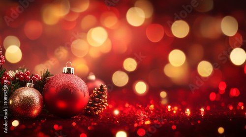 Vibrant Christmas decorations with ornaments and bokeh lights in background