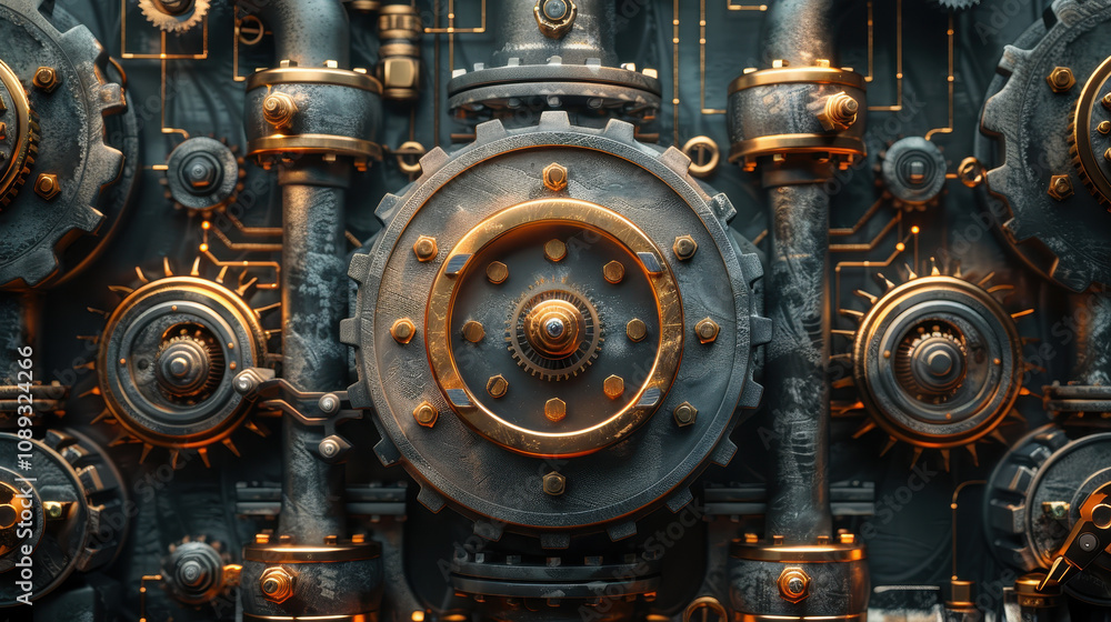 Explore a stunning representation of industrial design featuring intricate gears and pipes with a steampunk flair, ideal for any technology or engineering themed projects Explore a stunning representation of industrial design featuring intricate gears and pipes with a steampunk flair, ideal for any technology or engineering themed projects