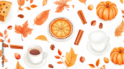 Fototapeta Naklejka Na Ścianę i Meble -  Autumnal flat lay featuring coffee, milk, pumpkin pie, pumpkin, and fall leaves.