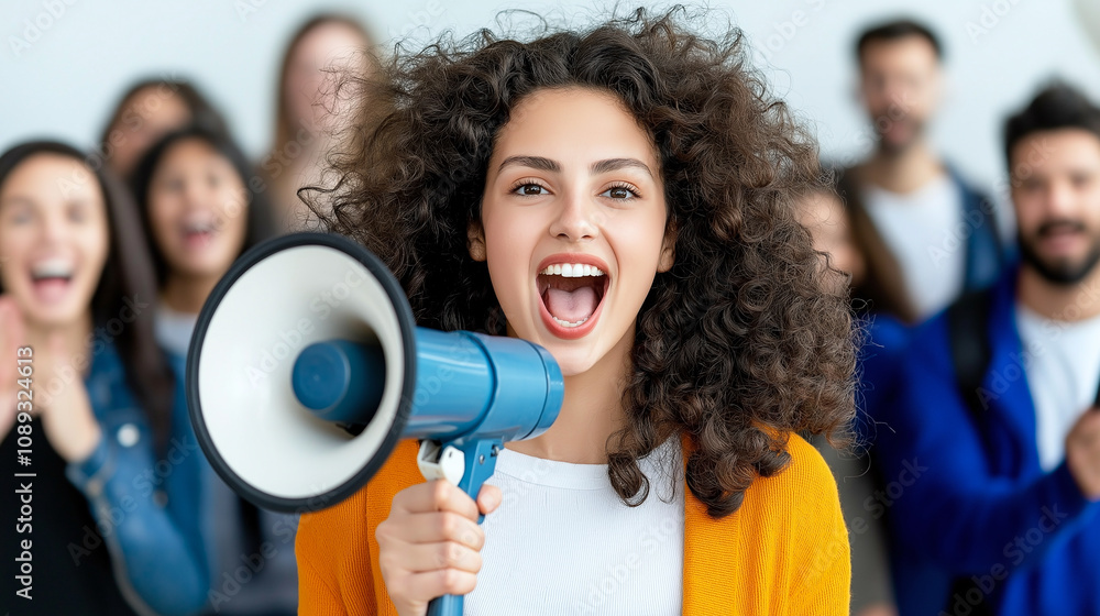 young woman with curly hair energetically shouts into megaphone, surrounded by supportive crowd young woman with curly hair energetically shouts into megaphone, surrounded by supportive crowd