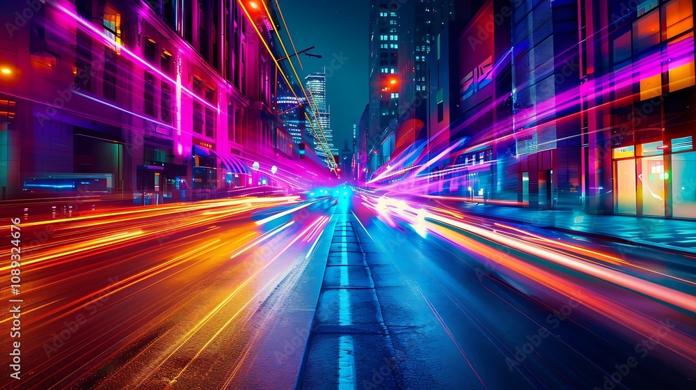 A vibrant city street at night with dynamic light trails from vehicles, creating an energetic urban atmosphere. A vibrant city street at night with dynamic light trails from vehicles, creating an energetic urban atmosphere.