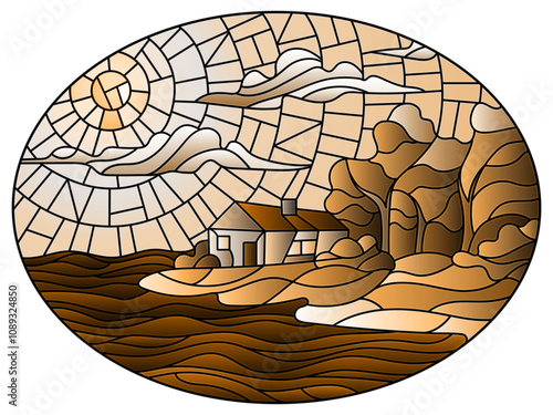 Image in the stained glass style landscape with a lonely house on a background of sky and sea, oval image