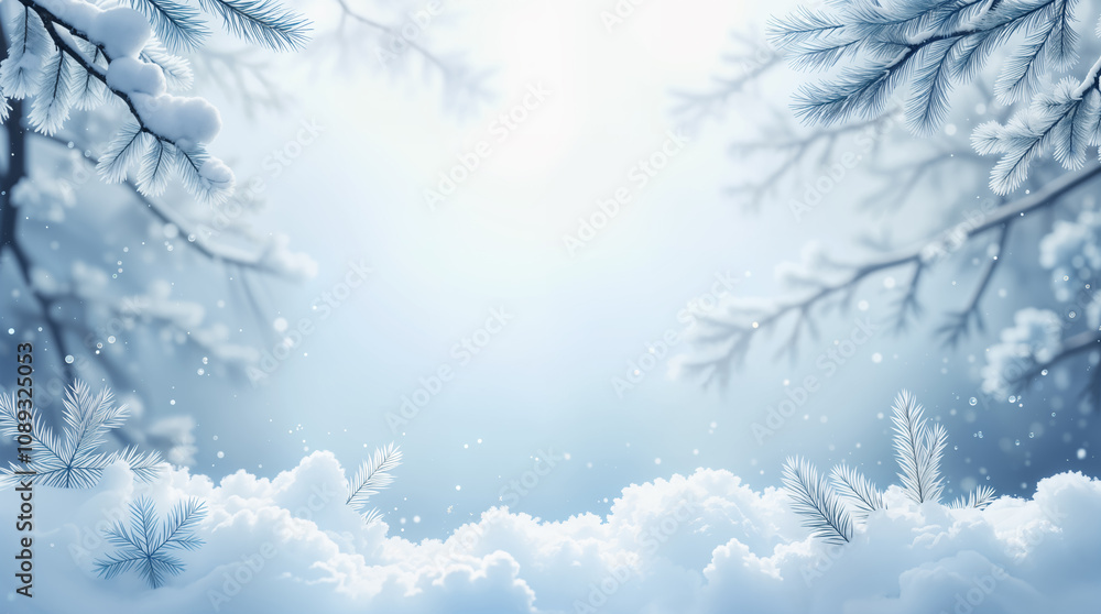 Obraz premium Snowy Winter Wonderland Background with Pine Branches and Soft Sunlight. Perfect for Holiday Greetings and Festive Projects.